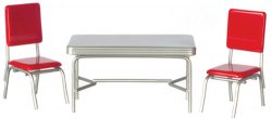1950's Retro Silver Table with Red Chairs, 3 pc T5935