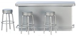 1950's Counter with 3 Stools, Silver