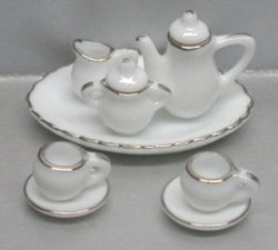 10 pc Tea Set- white w/Silver trim- Round tray