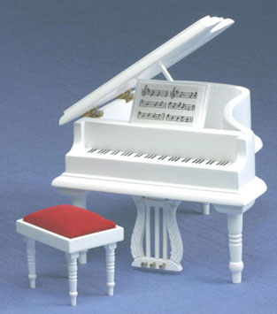Dollhouse Miniature Beautiful Grand Piano in White with Bench CLA91405 